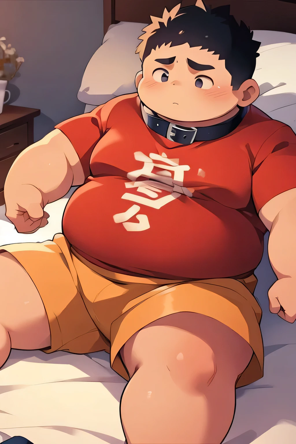 fat Boy，cute，Collar，nervous，on the bed，shy，
