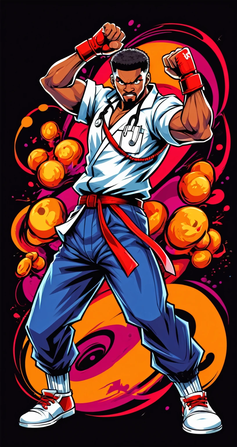 Dr style fighting game. Then, Hip-Hop Style, t shirt design, flat-colors, vectorial art,  ((black backdrop)) . dynamic, Vibrant, full of action, detailed character design, reminiscent of fighting video games