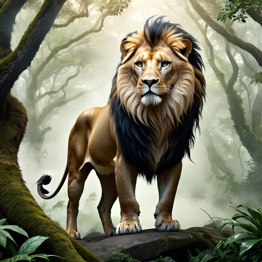 Generate a high-resolution, realistic image of a chimera. The chimera should have the head of a lion, the body of a goat, and the tail of a snake. The setting should be a dense, mythical forest with mist and ancient trees. Ensure the lighting is dramatic, highlighting the textures of the lion's mane, the goat's fur, and the snake's scales.