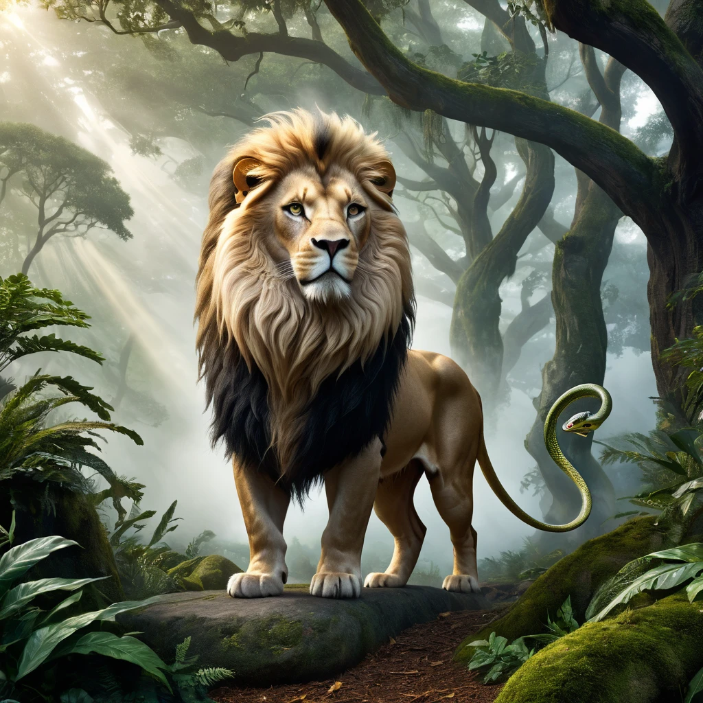 Generate a high-resolution, realistic image of a chimera. The chimera should have the head of a lion, the body of a goat, and the tail of a snake. The setting should be a dense, mythical forest with mist and ancient trees. Ensure the lighting is dramatic, highlighting the textures of the lion's mane, the goat's fur, and the snake's scales.