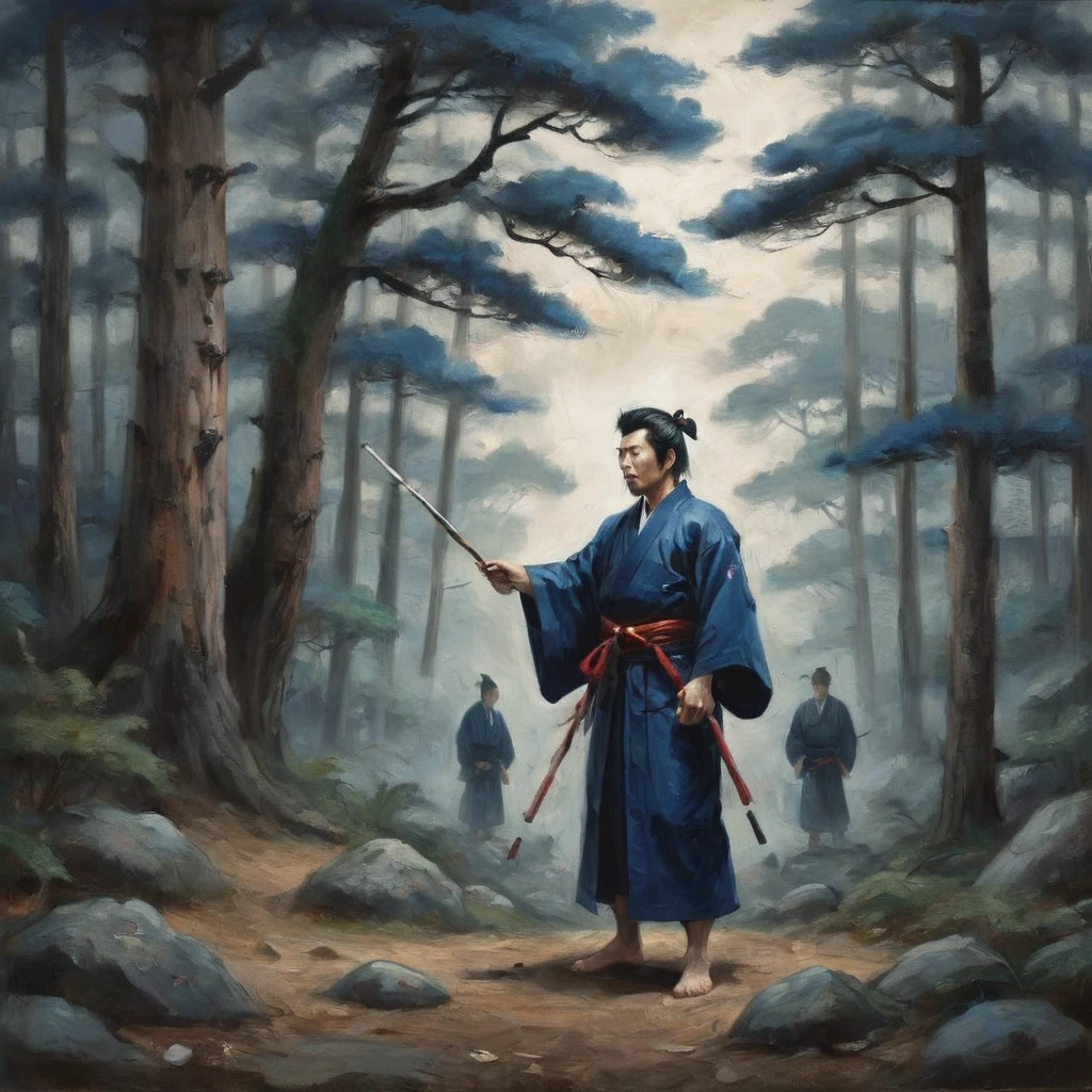 A painting of a man in a dark blue kimono standing in a cedar forest, I haven't drawn my sword yet.、Surrounded by multiple enemies、feudal japan art, Samurai Man Wanderer, Samurai Duel, Samurai Style, ancient Japanese Samurai, inspired by Kanō Sanraku, Pino Dani and Dan Mumford, miyamoto musashi, Japanese Samurai, In feudal Japan, Works inspired by Kano Hogai