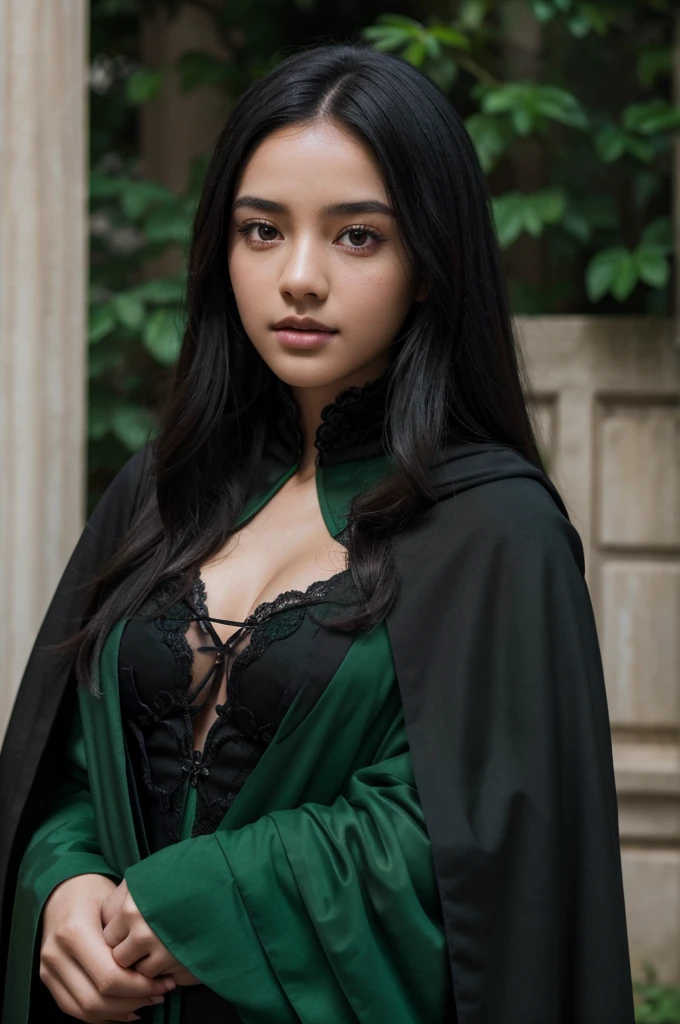 best quality, 8k, very delicate and beautiful, highly detailed face and skin texture, shiny skin, high resolution, sexy black long hair teenage girl wearing black cloak and green stripes stand in front of castle, slytherin, sharp focus
