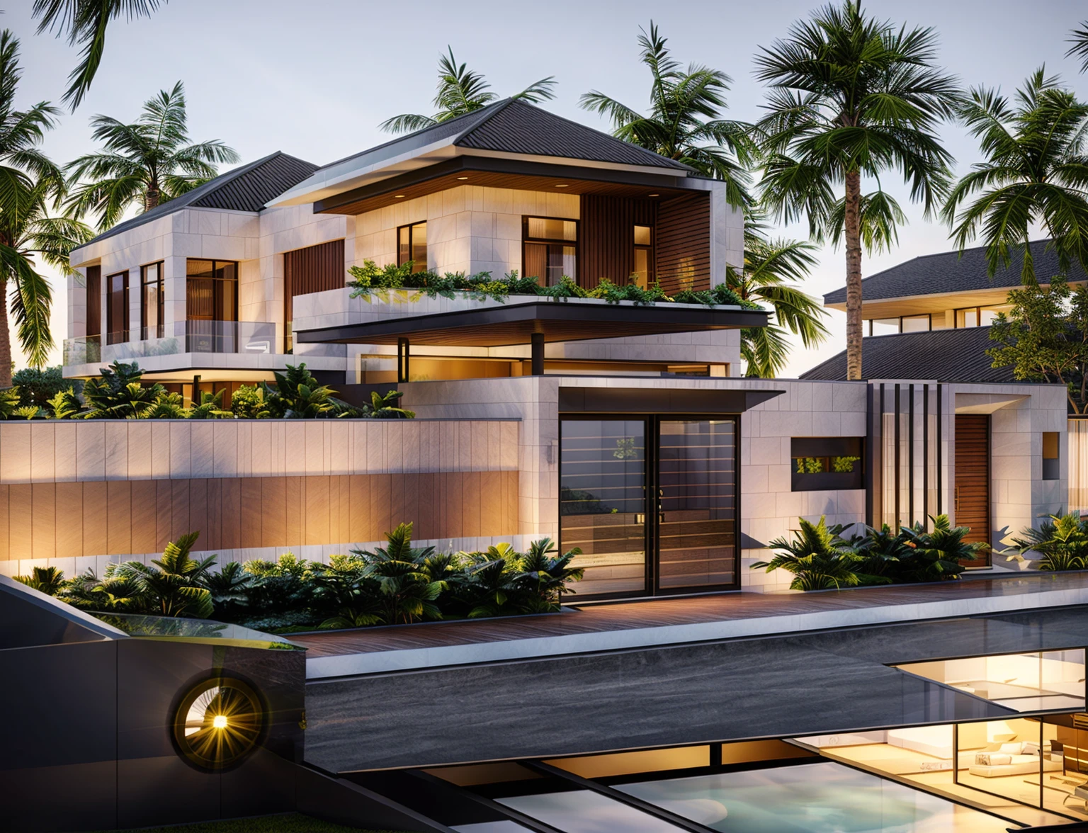 villa modern,night, Realistic, exterior, sunlight, house, RAW photo, 8k uhd, dslr,  (high detailed skin:1.3), soft lighting, ultra quality, film grain, Fujifilm XT3, sharp image, best quality, authentic, hight quality,