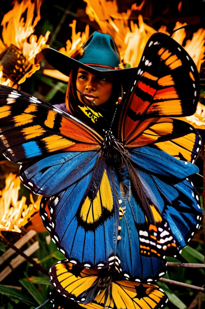 Make me the cowboy hat emoji with a sweatshirt with fire AND a butterfly patch