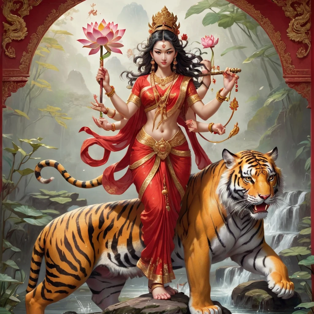 Durga。Beautiful goddess riding a tiger。Goddess of War。Four arms on each side。Bow in hand at 4 steps、sword、Prayer beads、Lotus flower、Trident、Bulbophyll、disk、holding a potion。Golden ornaments。Wearing a red saree。