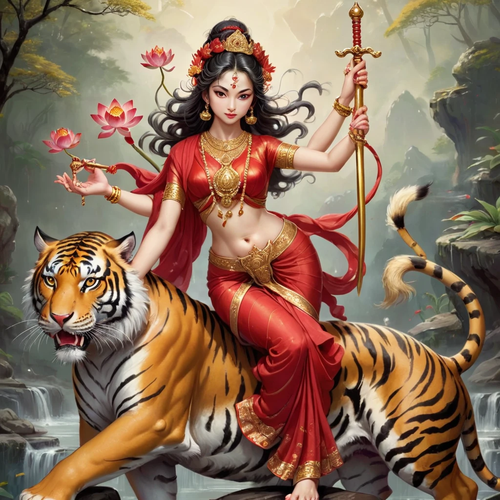 Durga。Beautiful goddess riding a tiger。Goddess of War。Four arms on each side。Bow in hand at 4 steps、sword、Prayer beads、Lotus flower、Trident、Bulbophyll、disk、holding a potion。Golden ornaments。Wearing a red saree。
