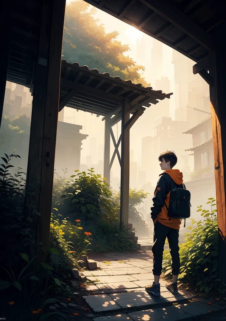 ((12k quality)),((concept art)) boy watching the sun which rises between two hills from a peaceful valley (potrait). big yellowish orange . image in a yellowish light black theme