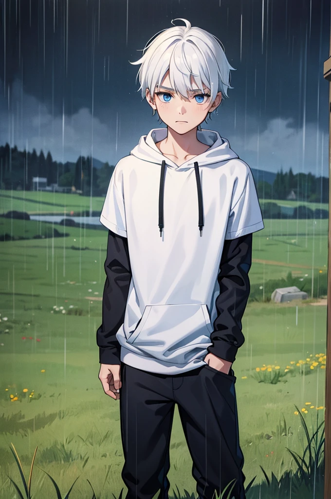 Young boy, solo, white hair, blue eyes, black long arm shirt, wearing hoodie, blue long pant, be sad, innocent, standing, grass field background, grey atmosphere, raining time, masterpiece, pov, portrait