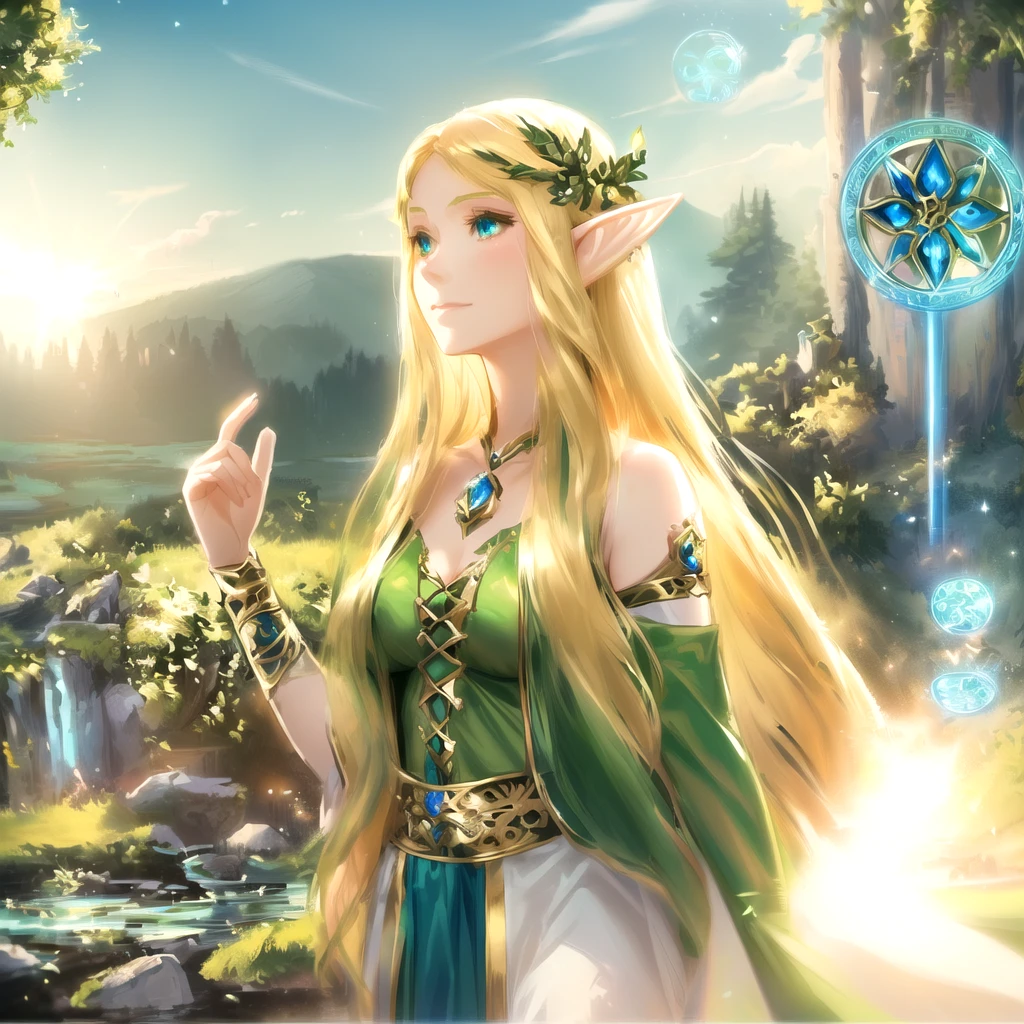 high quality、Arafed image of a woman with long hair and green dress, Elf princess, ケルトAnime Fantasyアート, Anime Fantasyアートスタイル, beautiful Elf princess, epic Anime Fantasyアートスタイル hd, Elfの王女, Elfの少女, Anime Fantasy, very beautiful Elf top model, 美しいAnime Fantasyアート, Elf, centered Elf, alluring Elfの王女 knight, 素晴らしいAnime Fantasyアート