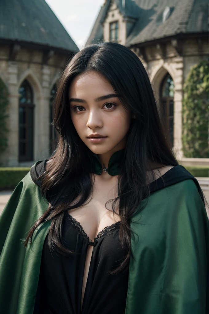 best quality, 8k, very delicate and beautiful, highly detailed face and skin texture, shiny skin, high resolution, sexy black long hair teenage girl wearing black cloak and green stripes stand in front of castle, slytherin, sharp focus