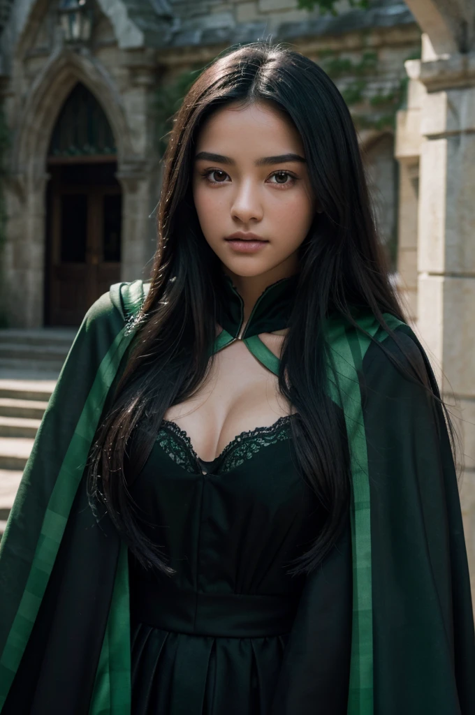 best quality, 8k, very delicate and beautiful, highly detailed face and skin texture, shiny skin, high resolution, sexy black long hair teenage girl wearing black cloak and green stripes stand in front of castle, slytherin, sharp focus