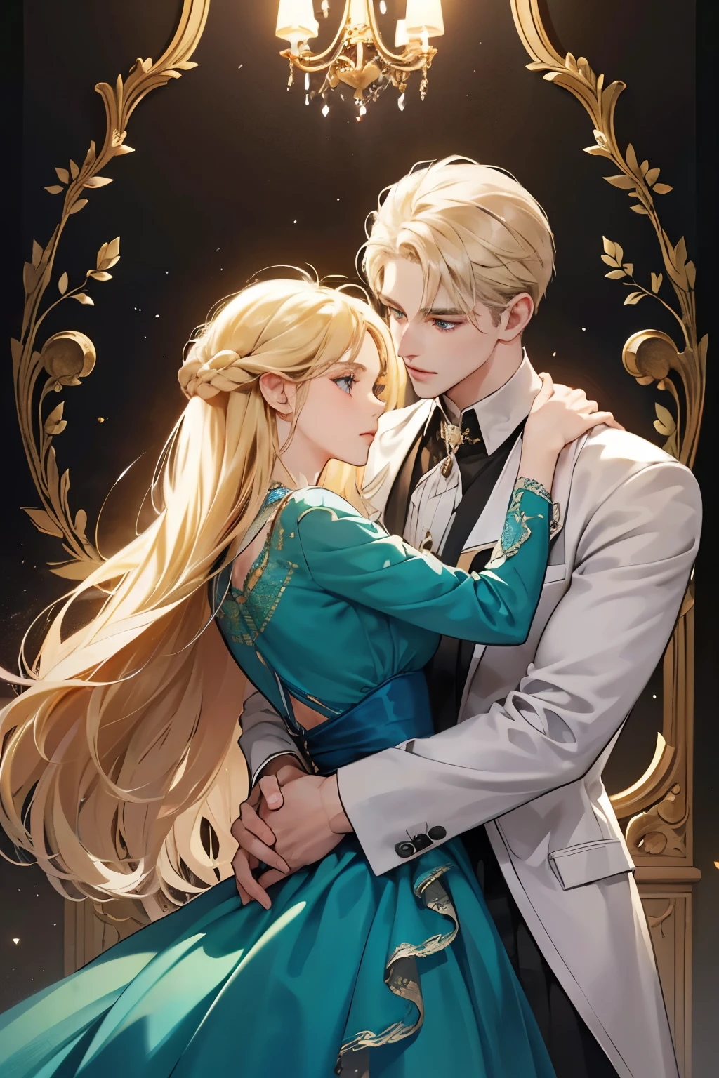 (masterpiece, a couple, high quality, best quality) The royal couple during the dance, The Guy is a perfect blond, blue-eyed aristocrat gave the impression of untouchability due to his overly bright facial features.a girl with long black hair, Red Eyes. Very close to each other. a girl in a beautiful dark green dress, a beautiful figure, very close to a guy, Hug with excitement, moonlight, beautiful facial features, , novel, couple, elegance. the cover of a novel for adults, good quality, sensual pose, The gaze. King's Color,beautiful androgynous prince, knight and princess, delicate androgynous prince, romanticism art style, anime key visual of elegant, royal portrait, a girl with long black hair, resin-colored hair, Red Eyes, fair skin, Light green dress. Background: The royal garden at night. moonlight照明. Girl black hair Red Eyes, guy golden hair blue eyes, age 25, detailed face, manly man passionately hugs a girl, a girl is a princess of an enemy country with long black hair and Red Eyes, a man with golden hair and blue eyes, contrasting colors, passionate relationship, a girl in a green fitted dress with a neckline, a , male king in royal costume, after the ball, background of the royal garden, The light is cold, intimacy between the couple, passion. a very sexy man, . a girl is sitting on a man's lap, a passionate pose, a beautiful girl, a lot of details. Blond man, dark-haired girl