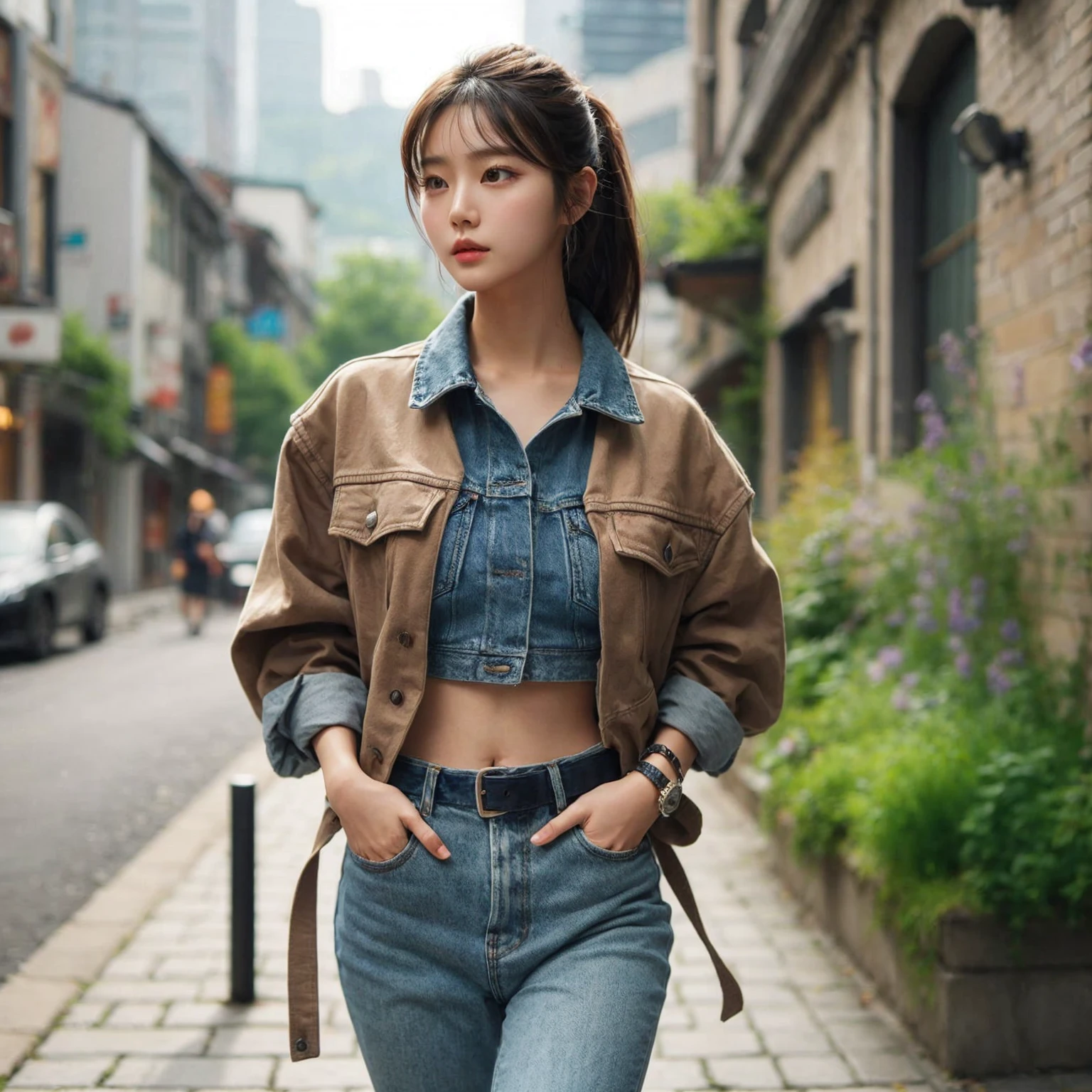 Beautiful young Korean female walking confidently down a cobblestone street in casual, stylish outfits with jackets, shirts, and jeans, medium chest. The backdrop is a vintage urban setting with buildings and greenery, blending modern style with a cool urban vibe.