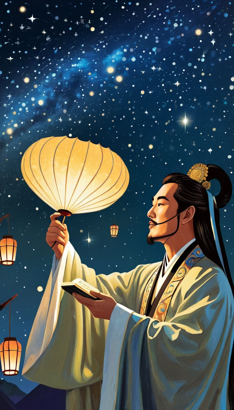 Detailed fortune teller in oriental style, Zhuge Liang,Zhuge Kongming,Astrologer Kong Ming, Profile,flattery,Holding a feather fan,Feather fan,Looking at the night sky,Kongming Lantern,Paper lights, Galaxy, Starlight, Gossip symbols, Good fortune and prosperity