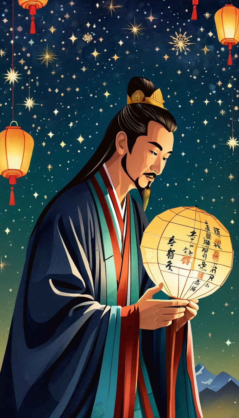 Detailed fortune teller in oriental style, Zhuge Liang，Zhuge Kongming，Astrologer Kong Ming, Profile，flattery，Holding a feather fan，Feather fan，Looking at the night sky,Kongming Lantern，Paper lights， Galaxy, Starlight, Gossip symbols, Good fortune and prosperity