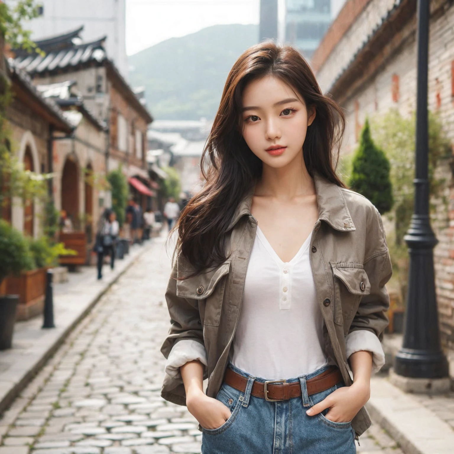 Beautiful young Korean female walking confidently down a cobblestone street in casual, stylish outfits with jackets, shirts, and jeans, medium chest. The backdrop is a vintage urban setting with buildings and greenery, blending modern style with a cool urban vibe.