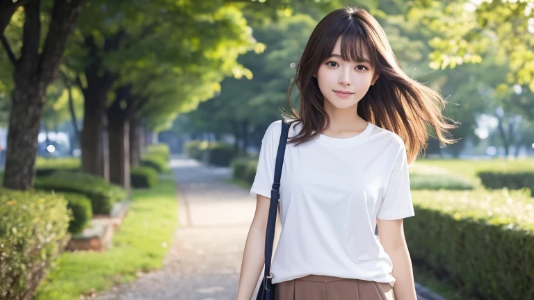 Produce the highest quality and highest resolution 8K images。Please draw the upper body of a 20 year old Japanese woman.。Please draw an image of a happy stroll through a park in the evening.。She has brown eyes and a model figure.、She has an idol-level cute face.。The hair is wavy。What to wear、Short sleeve T-shirt and pants。Skin has a healthy color。