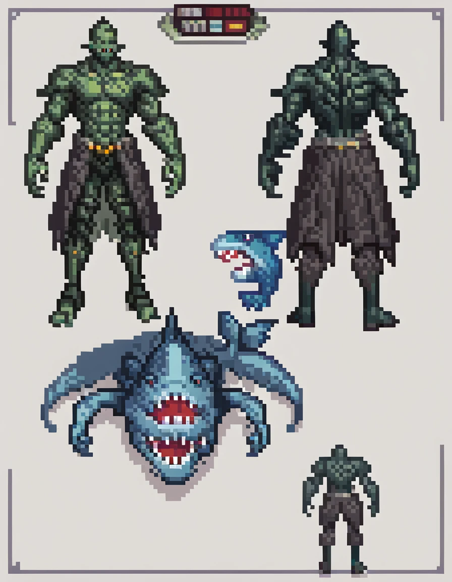 anime art, a shark demonic humanoid in goth outfit, reference,pixelart, full body, (male human version of shark), handsome, masterpiece, detailed character, ((masterpiece)), (ultra detailed), (best quality), detailed background, (style of final fantasy), (concept art, character sheet)