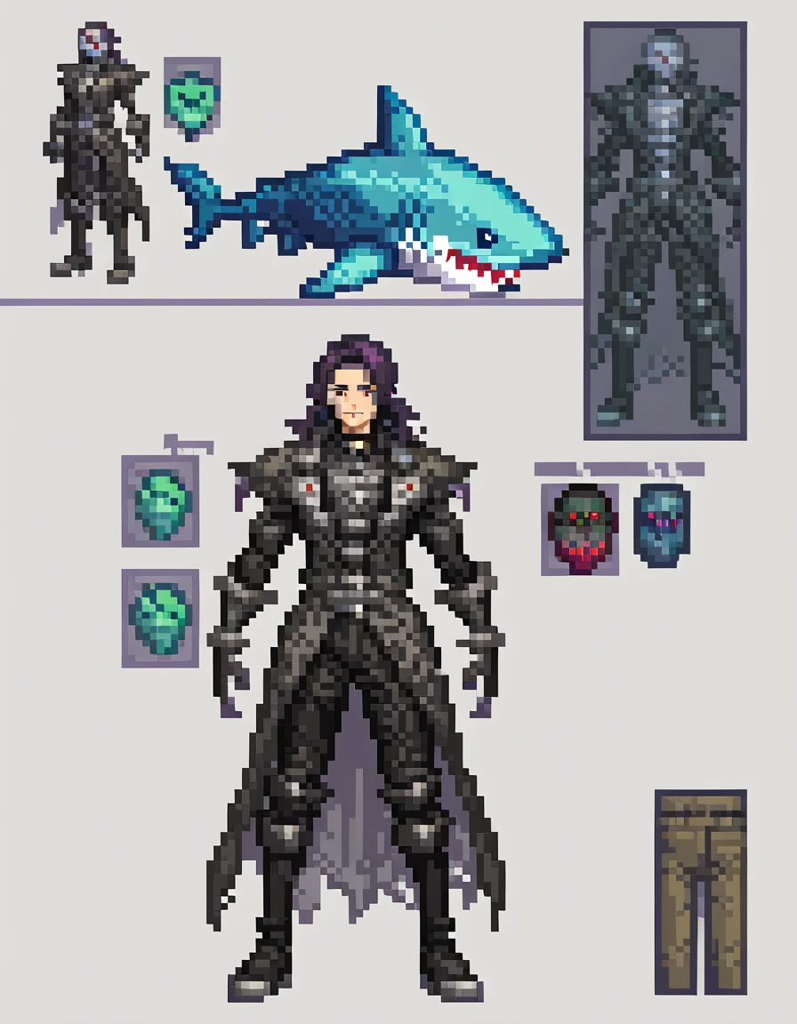 anime art, a shark demonic humanoid in goth outfit, reference,pixelart, full body, (male human version of shark), handsome, masterpiece, detailed character, ((masterpiece)), (ultra detailed), (best quality), detailed background, (style of final fantasy), (concept art, character sheet)