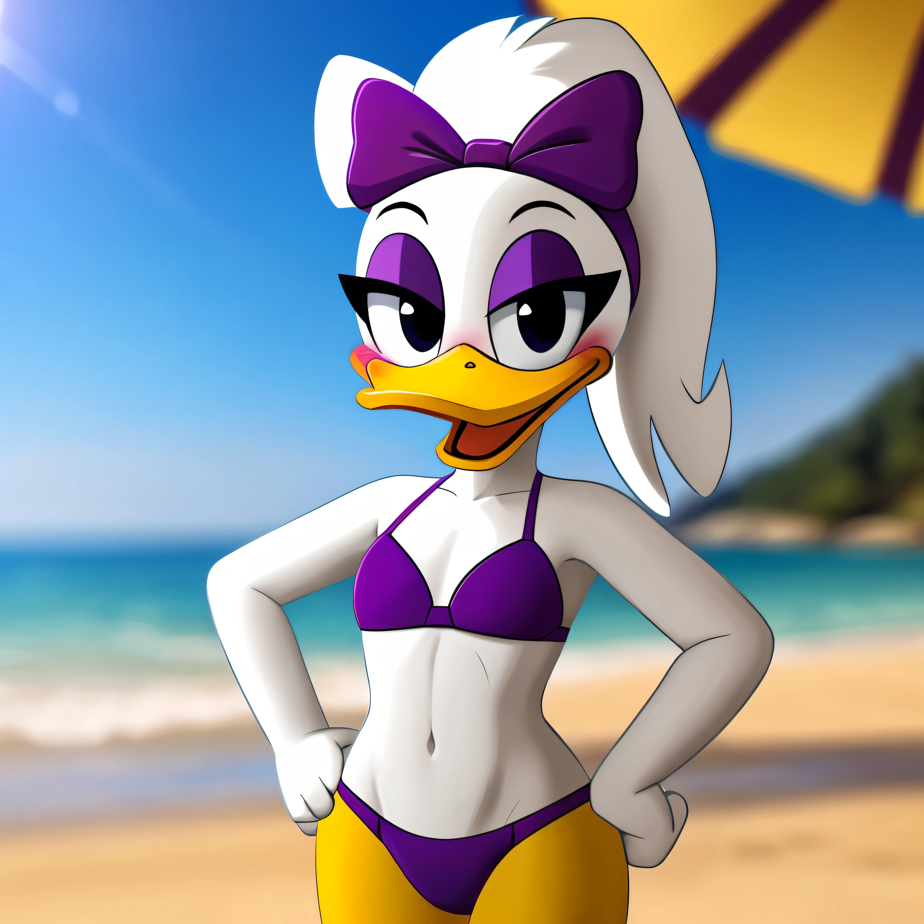 uploaded on e621, portrait of Daisy Duck ((sexy)), (adult) (purple bow on head), (white ponytail), (full body 1.6) ((flat chested 1.6)), (blush), mouth closed, ((purple shorts)), (female duck), (eyes closed), (happy) (long skinny torso 2.0), (fists on hip), (yellow legs), (avian), BREAK. (8k hd), (detailed lighting), ((detailed white skin)), ((posing at beach)), [backlighting], [detailed ambient light], ((depth of field)), (suggestive content), ((best quality)), (((masterpiece))), BREAK