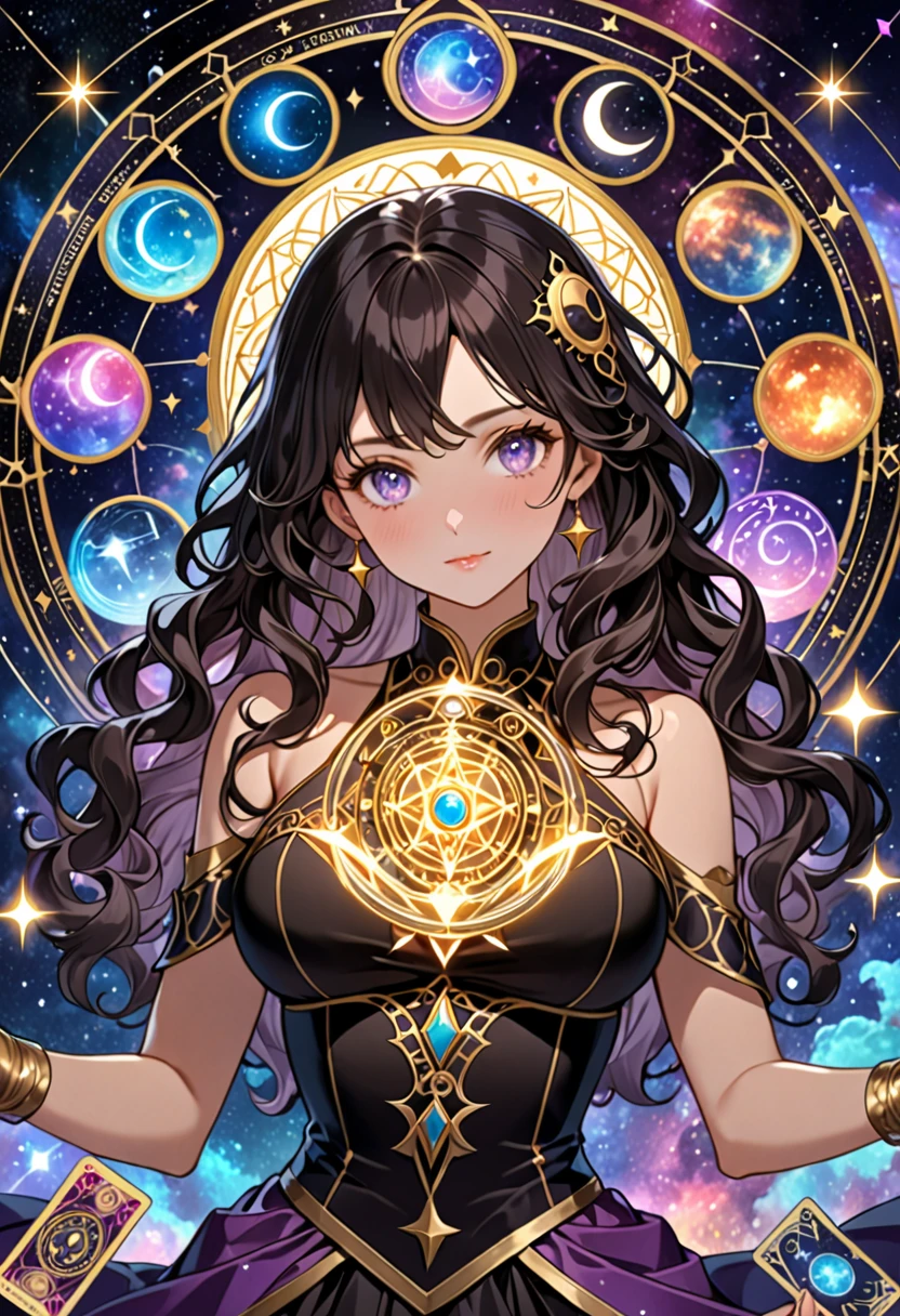 Highest quality, 16K, Unbelievably absurd, Very detailed, 2.5D, delicate and dynamic, , formal, universe space, Night Sky, Crescent Moon, constellation, Gorgeous nebula, meteor, , Tarot Cards, Giant magic circle, A complex magic circle, Colorful magic circle, A colorful celestial globe, Small face, Very delicate facial expressions, Delicate eye depiction, Upper body close-up, erotic, One sexy woman, Cool woman, black long wavy hair, Healthy body shape, 25-year-old woman, Cool woman, Height: 170cm, huge bouncing busts, astrologer, Horoscope, Tarot Cards, Calm expression, A complex magician&#39;s outfit, Magician&#39;s outfit in chic colors, garter belt, Fishnet tights, Magician&#39;s Shoes, Fortune telling, Declare, Tarot Cardsを配る, Tarot Cardsをめくる