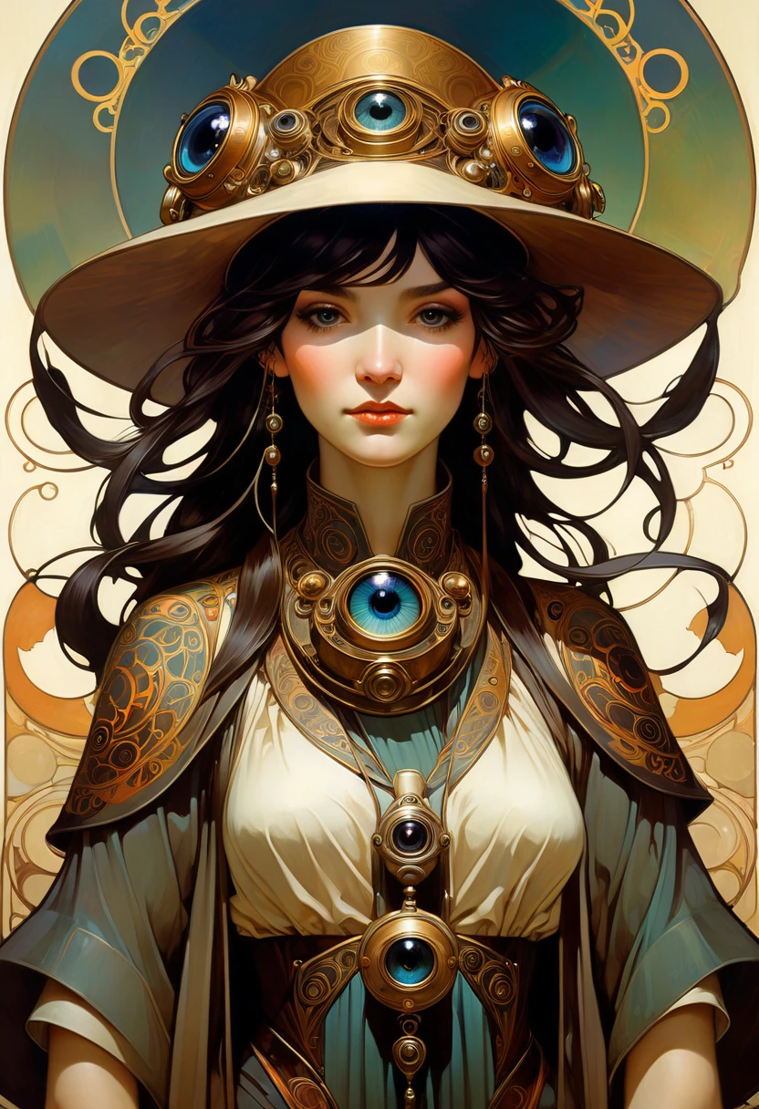 The Hats Have Eyes, different immersive, Unambiguously Biological, Nekro Borja, Tarmo Juhola, Craig Mullins, Alphonse Mucha, Hiroshi Yoshida, Peter Mohrbacher James jean, Mucha, Klimt --w 4000 --h 6000
