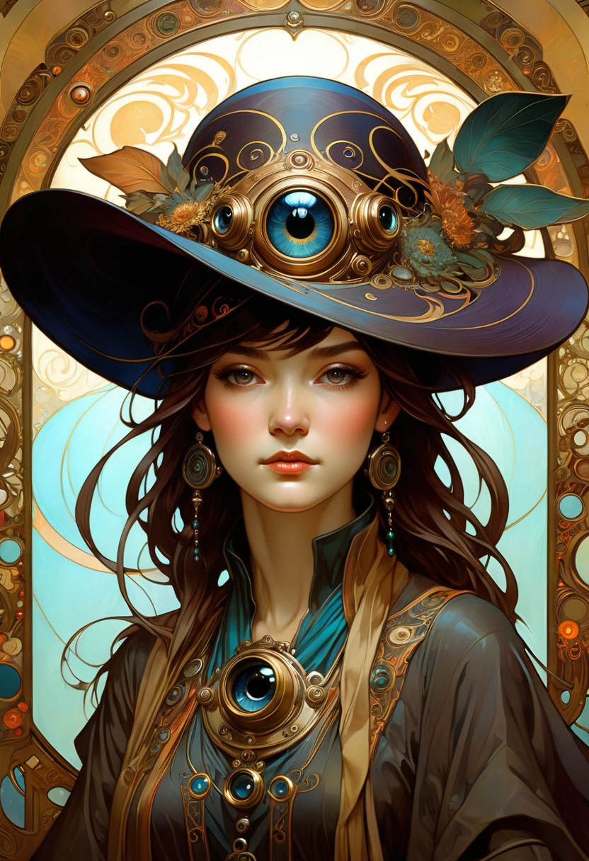 The Hats Have Eyes, different immersive, Unambiguously Biological, Nekro Borja,  Tarmo Juhola, Craig Mullins, Alphonse Mucha, Hiroshi Yoshida, Peter Mohrbacher James jean, Mucha, Klimt --w 4000 --h 6000