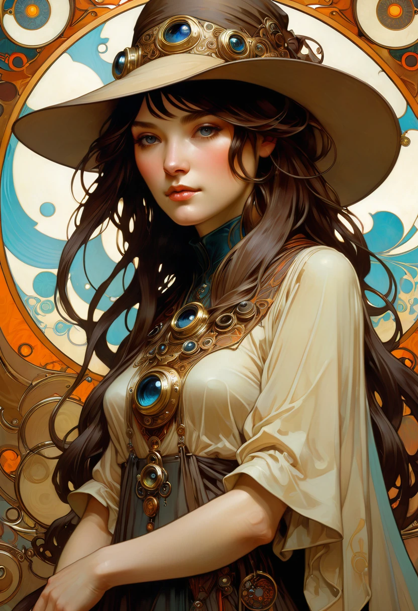 The Hats Have Eyes, different immersive, Unambiguously Biological, Nekro Borja,  Tarmo Juhola, Craig Mullins, Alphonse Mucha, Hiroshi Yoshida, Peter Mohrbacher James jean, Mucha, Klimt --w 4000 --h 6000