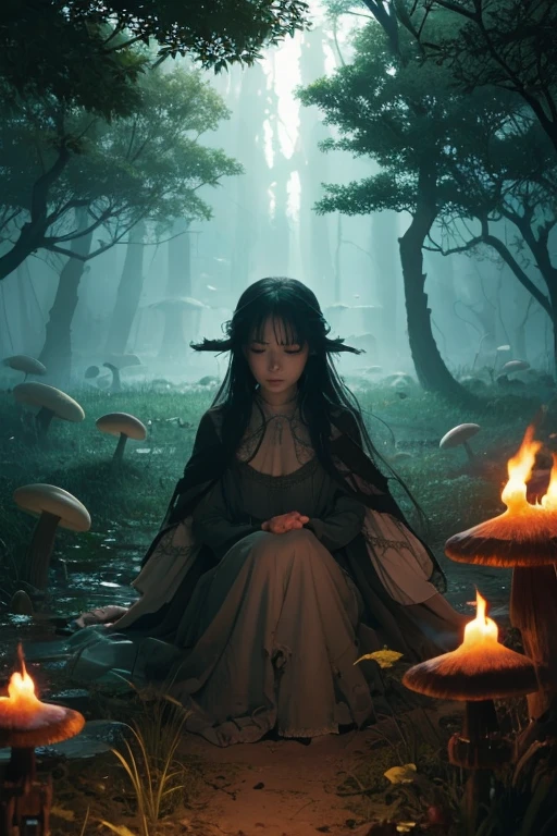 Calm colors, Hundreds of ghosts, Ghost Style, Dark and creepy (Haunted:1.4) Swamp with giant mushrooms (hundreds of Haunted ghosts roam:1.2). Dreamy illustration, Surreal fantasy, Victor Ngai and Makoto Shinkai、masterpiece, Highest quality, 8K, 20th generation, Small breasts, cute, alone、god様 、The opening of a small valley is visible..、dolly make、Earrings、Droopy eyes、Droopy eyes、Tear bags、god様、god々Shining light、Background light and flames、The opening of a small valley is visible..、dolly make、Earrings、Droopy eyes、Droopy eyes、Tear bags、god様、god々Shining light、Background light and flames