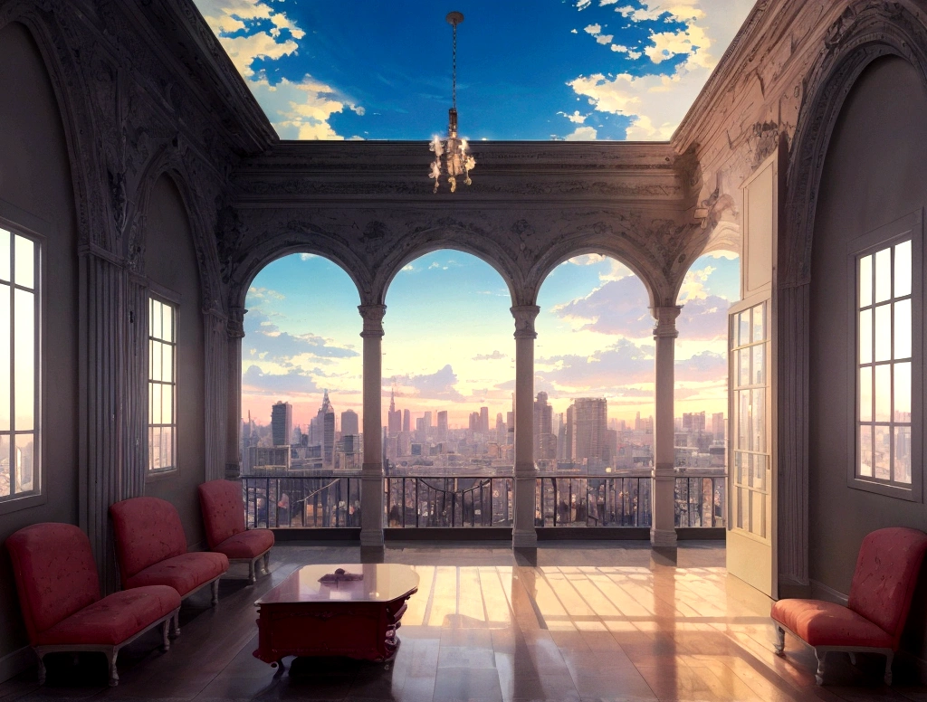 Absurd, High resolution, (Official Art, beautifully、aesthetic:1.2), Bright Sky, A vast world, girl, Sit by the window and look outside, Awe-inspiring expressions, light pink long hair, Lo-fi Girl, Kaisei and Artgelm, Anime atmosphere, Lofi Artstyle, Anime Style 4k, Anime Aesthetics, Lo-fi feeling, Lofi Art, anime art wallpaper 4k, An atmosphere of praise, Rooms with large windows, Emotional cityscape
