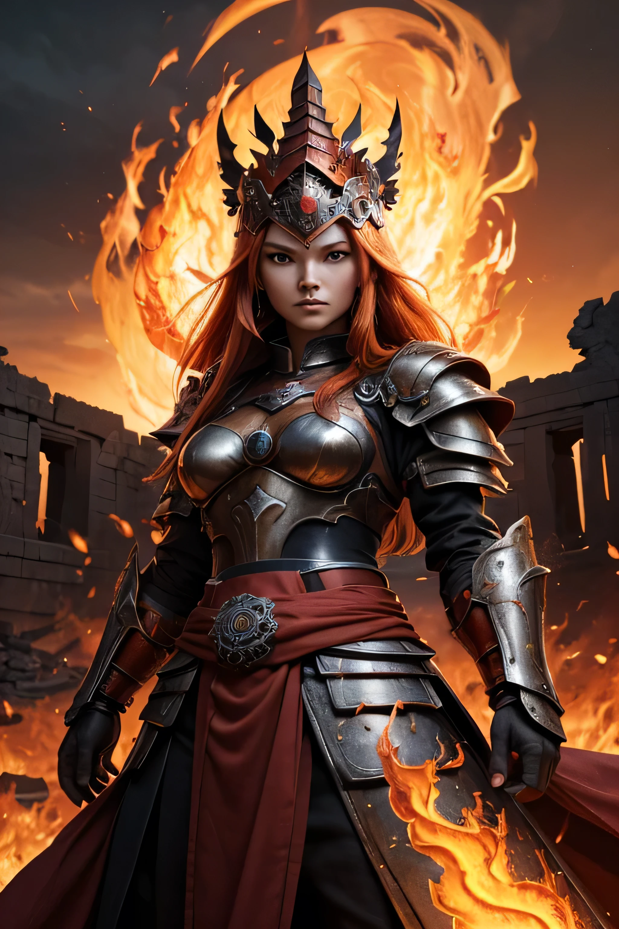 (8K, high definition, high quality, highly detailed) Beautiful Japanese Female Mage. Fire magic. engulfed with fire. body of fire. burning armor. flame aura. burning hands. Ginger head. Wearing a steel couture armor. mandala headdress. red and black color palette. dusk. desolate ruins on the background. blurred background.