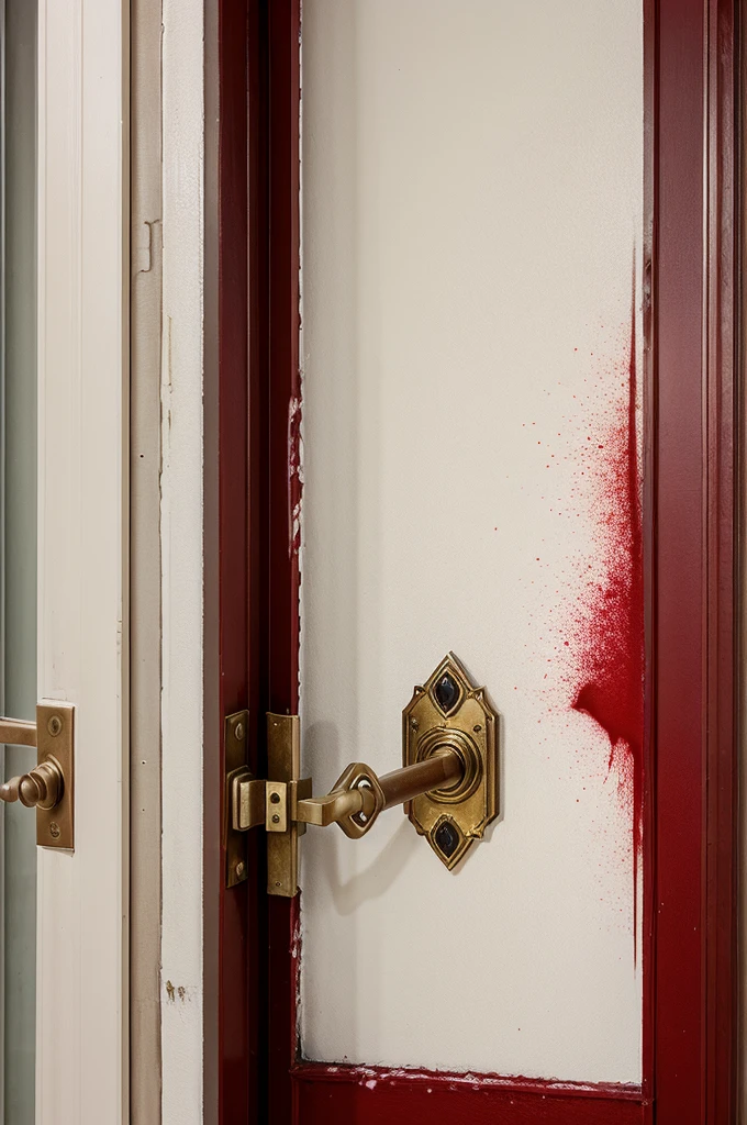 Create an image showing blood stains near a door, indicating that a struggle began there. The blood stains should be fresh and prominent, suggesting a recent event.
