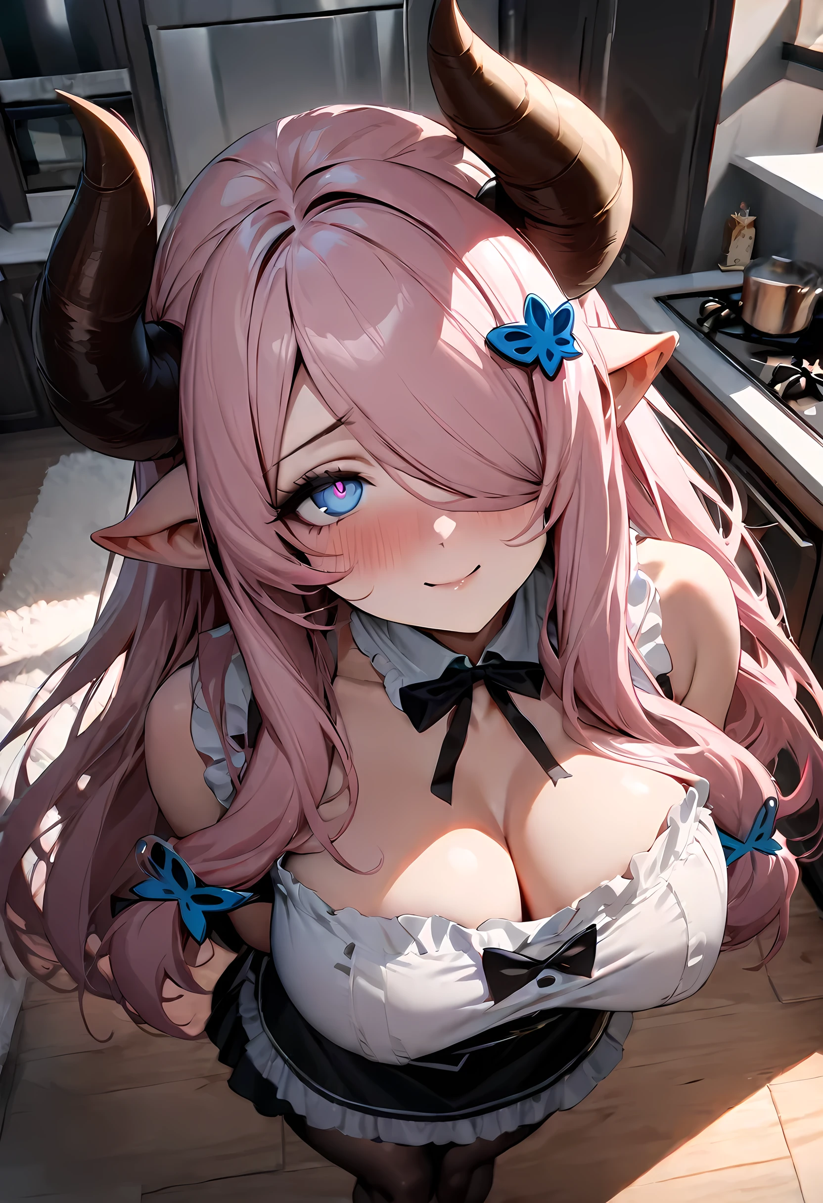 The perspective of this image is from several feet away and gives a full body view of Narmaya. Narmaya is standing in a living room. She is wearing a French maid outfit that leaves little to the imagination. Her expression is extremely seductive and confident. The image is life-like and semi-realistic. Extreme detail has been put into the shading. It's a masterpiece of erotic art. (masterpiece), best quality, expressive eyes, perfect face, seductive, erotic, 8k, absurdres, narmaya, pink hair, blue eye with pink pupil, hair over eye, draph, brown horns, butterfly hair clip, (masterpiece), best quality, expressive eyes, perfect face, narmaya, kitchen, living room, standing, light smile,
