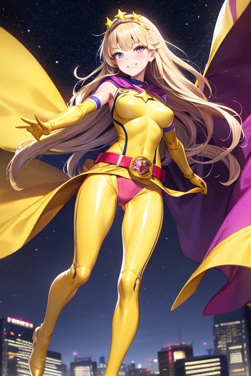 ((best quality)), ((masterpiece)), (detailed), 1 girl, Full body, 19 years old, Smiling face, Blue eyes, Star-shaped tiara, Arms outstretched, Arms behind waist, Eye mask, Blue superhero mask, Blushing, Blonde hair, Straight hair, Long hair, Bangs, 2 star clips on the sides of hair, Full body, Medium breasts, Slim body, Hands with yellow stars, Yellow wristbands, Long yellow gloves, Purple gloves, Superhero costume, Superheroes, Yellow leotard suit, With a big yellow star in the center, Star emblem, Somewhat tight, Long yellow cape on waist, Red belt, Purple legs, Purple panties, Purple boots, Flying, City background, Anime