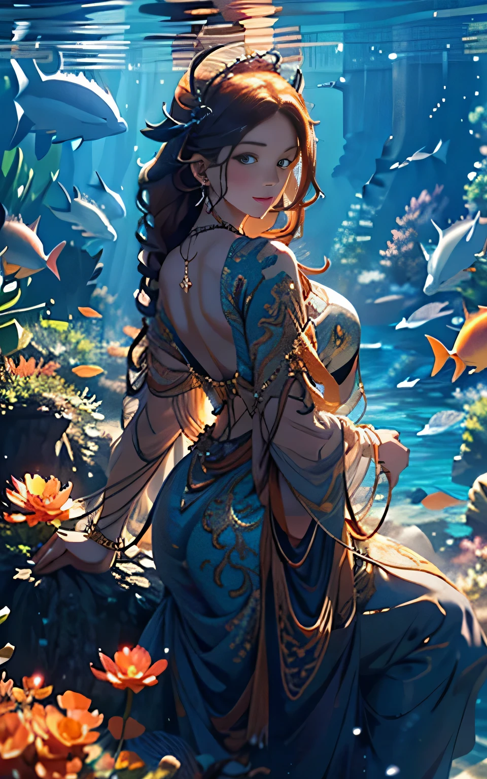 Underwater world Atlantis,abyssal,Mottled sunlight,coloured with lots of colour,Underwater world,cold shades,Epic reality,(hdr: 1.4),1female,30 age old,Married Woman,MILF,extremely large bosom, solo,(Background with:deep sea creatures,colorful coral reef,lotus flower) float in the water,(gently smiling)、Long hair flowing in the water、She has long orange hair,Side Body,((lay on back,)),Arms spread wide,Hands up,Lying on an orange coral reef,Gentle eyes,Charming eyes,beatiful detailed eyes,Bright pupils,Black eyes(((tmasterpiece),(Very detailed CG unity 8K wallpaper),best qualtiy,cinmatic lighting,detailed back ground,Snow-whiteskin,Redlip(Very fine and beautiful),,ultra - detailed,tmasterpiece,))facing at camera,A high resolution,ultra - detaileD,just genitalia, Bulge,Camel toes,Desire for dissatisfaction,Sexy gesture,frontage,justfoot,without wearing shoes,Deep in the ocean,Look down from above,seen from the front,Reduce fat,Drenched Body,Golden garland,The left leg is bent,The right leg is bent,Bring your knees together,Keep your feet apart,Decorative gemstone on the forehead,metal decoration,Deep V bare back,Black transparent raincoat,head looking up,looking to the camera,Delicate earrings,Delicate metal headdress,Dolphins,(Correct anatomy 1.4),Delicate multi-layered necklace,Open-mouthed,Toothy smile,Necklace display,(Left hand chest support 1.2),