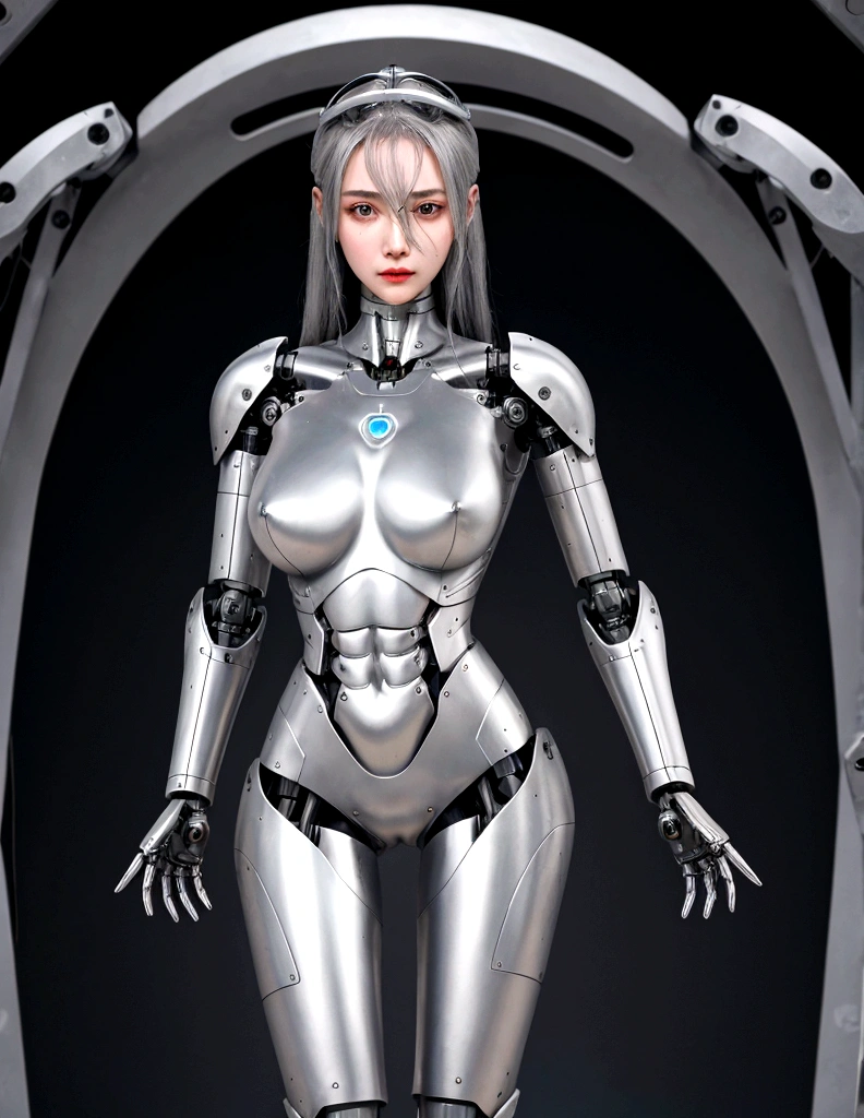 female robot, skin part is only face, silver metal skin, full metal robot body, mechanical parts, electronic wire, cum in pussy, high quality, medium breasts, long hair, tall, thigh gap, full body metal skin, wet, cum in pussy, metallic tits, separated breast, under repair, anatomical body