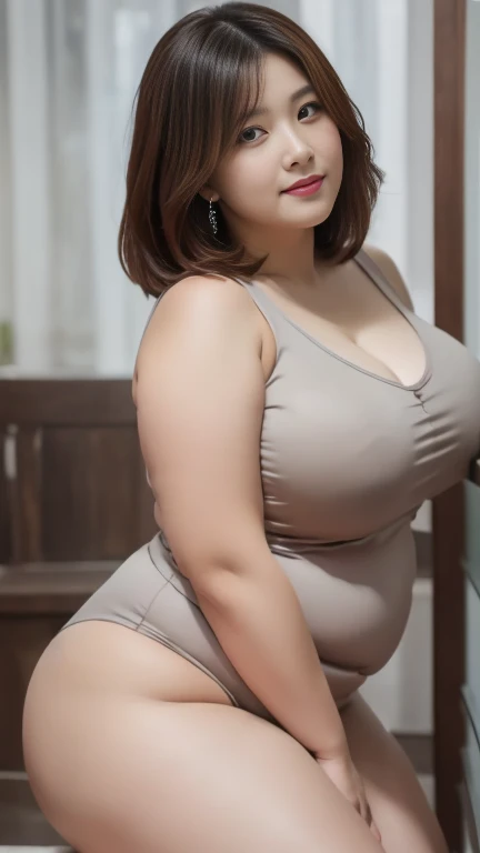 (8K, best quality, masterpiece, Golden Ratio Composition,:1.3), (40 years old plump Japanese woman in the bedroom), (90 kg obese body),  (Legs close-up), (Thick thighs),  (Snow-white long legs), (Wear pajamas :1.2), (Huge breasts), (Big thick legs),  (jeans), Soft face line, Gentle and beautiful, (Silver short hair),