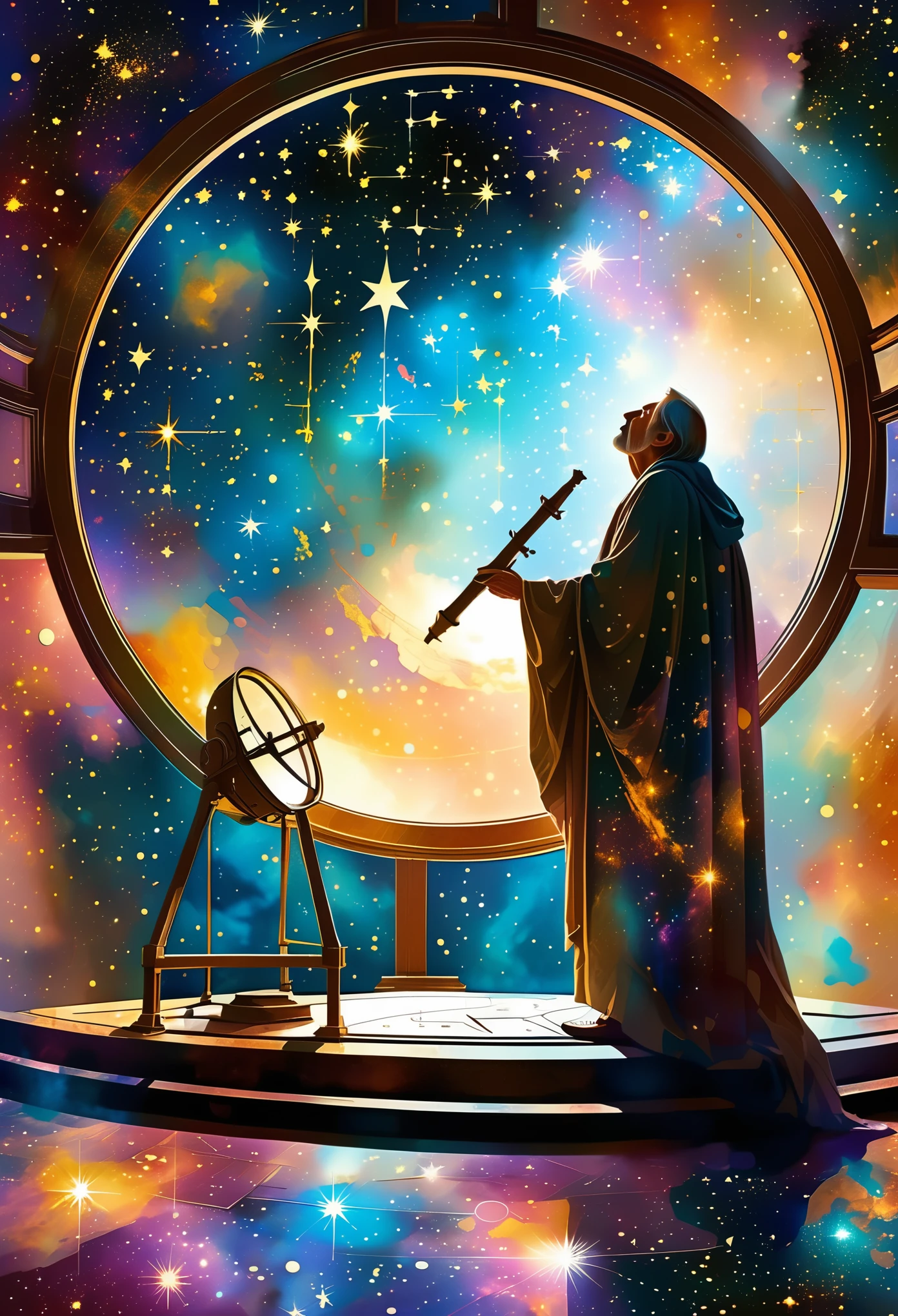 At the center of a celestial observatory, an astrologer clad in robes adorned with stars and galaxies gazes into an aetheric telescope. The observatory is suspended in space, with planets and constellations visible through its transparent walls. As the astrologer maps the heavens, streams of aetheric energy flow from the stars, connecting with the runes and symbols inscribed on the floor. The scene embodies the infinite wisdom of the cosmos. , the scene is captured in dimly lit dark fantasy but vibrant colors, with bold ink lines defining form against the watercolor wash of the aged paper
