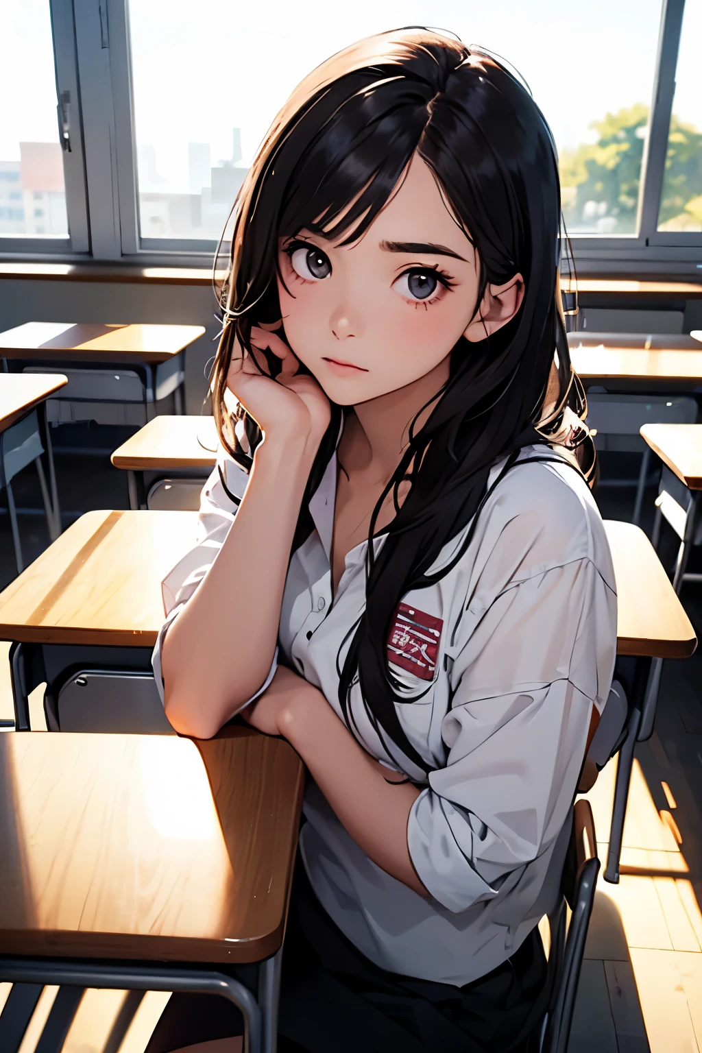 Beautiful girl, classroom, looking at viewer, sidelong glance, anxious