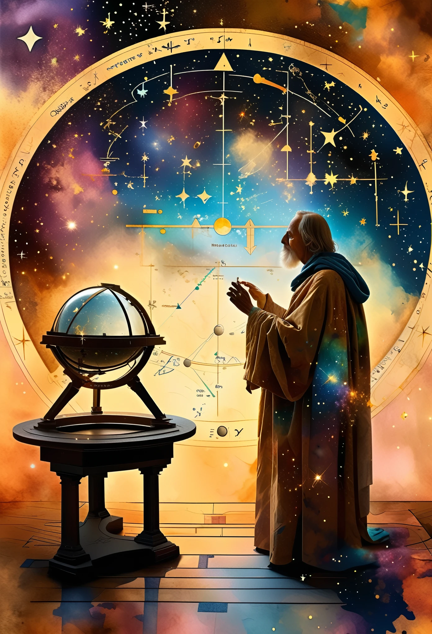 At the center of a celestial observatory, an astrologer clad in robes adorned with stars and galaxies gazes into an aetheric telescope. The observatory is suspended in space, with planets and constellations visible through its transparent walls. As the astrologer maps the heavens, streams of aetheric energy flow from the stars, connecting with the runes and symbols inscribed on the floor. The scene embodies the infinite wisdom of the cosmos. , the scene is captured in dimly lit dark fantasy but vibrant colors, with bold ink lines defining form against the watercolor wash of the aged paper