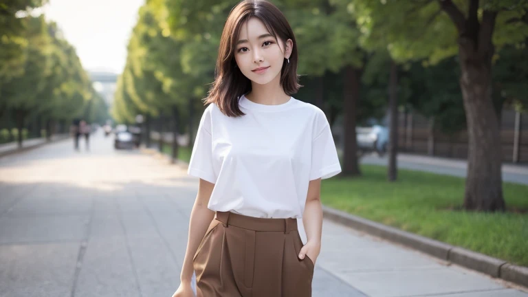 Produce the highest quality and highest resolution 8K images。Please draw the upper body of a 20 year old Japanese woman.。Please draw an image of a happy stroll through a park in the evening.。She has brown eyes and a model figure.、She has an idol-level cute face.。Her hair is bob。What to wear、Short sleeve T-shirt and pants。Skin has a healthy color。