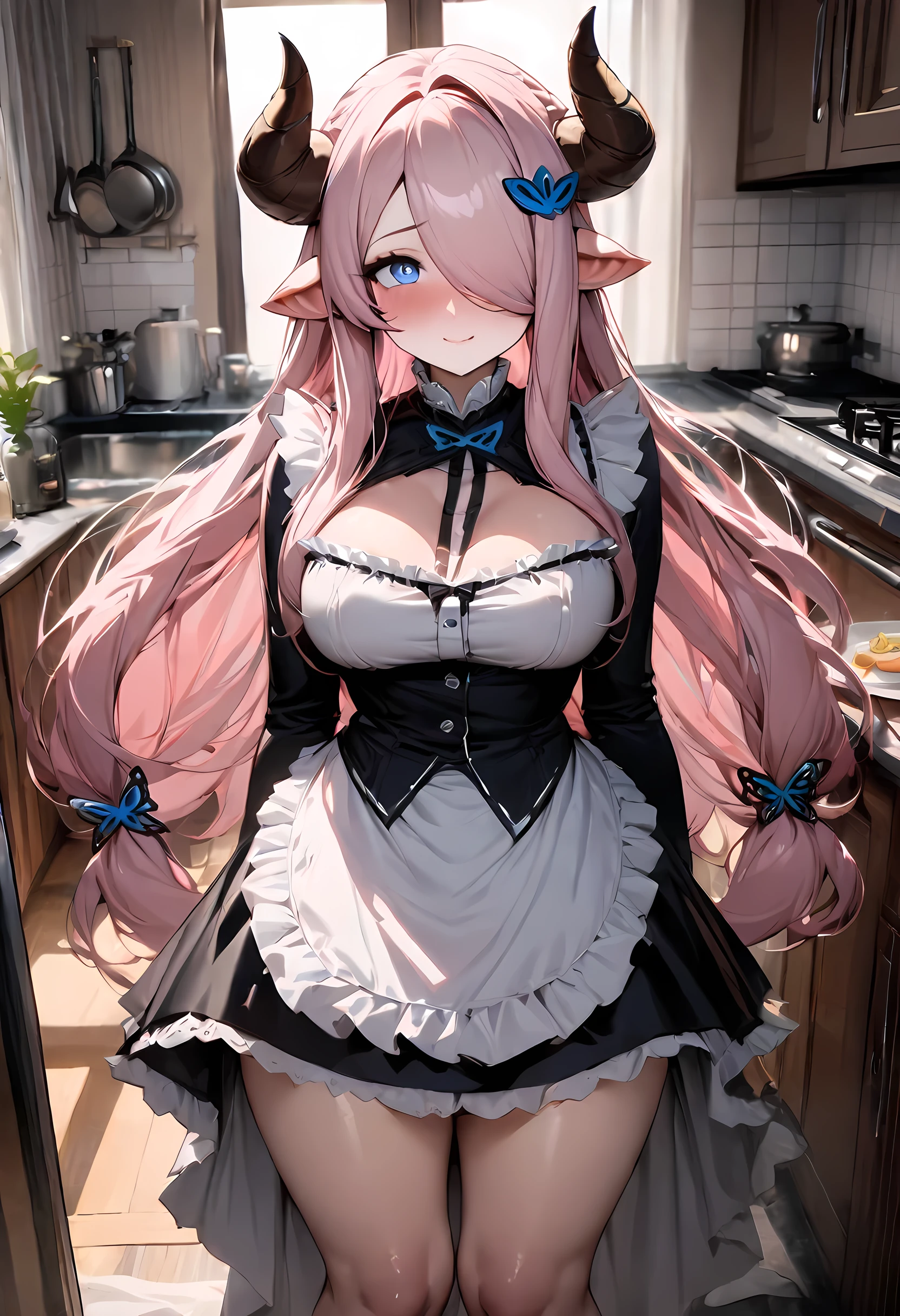 Narmaya is bent over picking up clothes off the floor. She is wearing a revealing and sexy French maid outfit that leaves little to the imagination. Her expression is extremely seductive and confident. The image is life-like and semi-realistic. Extreme detail has been put into the shading. It's a masterpiece of erotic art. (masterpiece), best quality, expressive eyes, perfect face, seductive, erotic, 8k, absurdres, narmaya, pink hair, blue eye with pink pupil, hair over eye, draph, brown horns, butterfly hair clip, (masterpiece), best quality, expressive eyes, perfect face, narmaya, kitchen,
