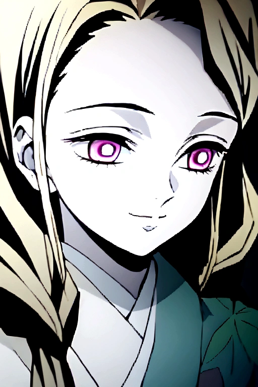 a girl, white skin, light blonde long hair, pink eyes, light yellow eyelashes, wearing a kimono, smiling. Kimetsu no Yaiba 