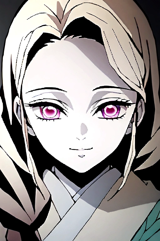 a girl, white skin, light blonde long hair, pink eyes, light yellow eyelashes, wearing a kimono, smiling. Kimetsu no Yaiba 