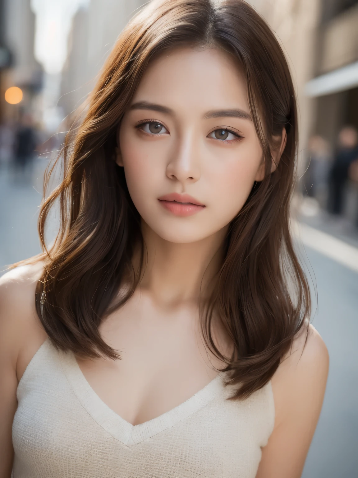 ((highest quality, 8k, masterpiece :1.3)), sharp focus :1.2, perfect body beauty: 1.4, slim abs: 1.2, dark brown hair,  (Natural light, city street: 1.1 ), Highly detailed face and skin texture, fine eyes, double eyelid, (((dynamic angle)))