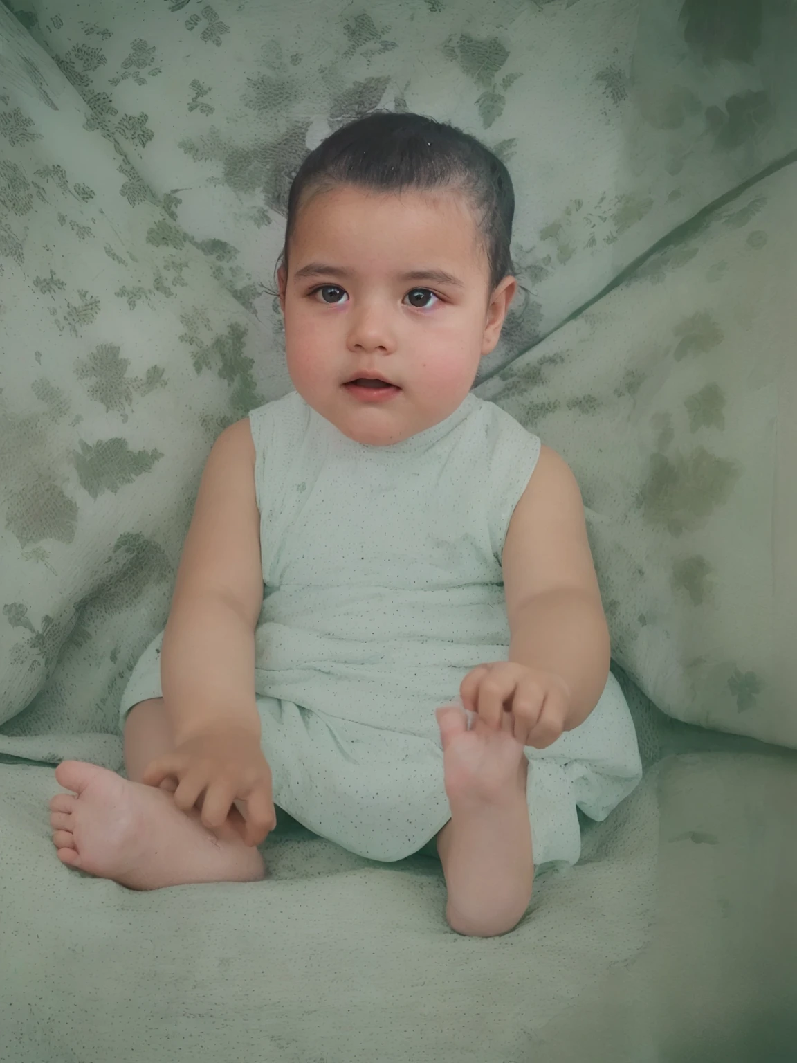 Make this photo look realistic and detailed, there is a  sitting on a bed with a green blanket, 1 yearl, colorized background, a colorized photo, colorized photo, colorized photograph, color portrait, colorized, colorized pencil sketch, color studio portrait, digtial painting, colourised, colourized, coloured photo, young , colorized pencil, digital paining, hand - tinted, realistic studio portrait, digital painted, very detailed potrait, realistic portrait photo, close up potrait, profile portrait, very detailed face, very realistic face, very perfected face, very detailed clothes, very realistic clothes, very perfected clothes