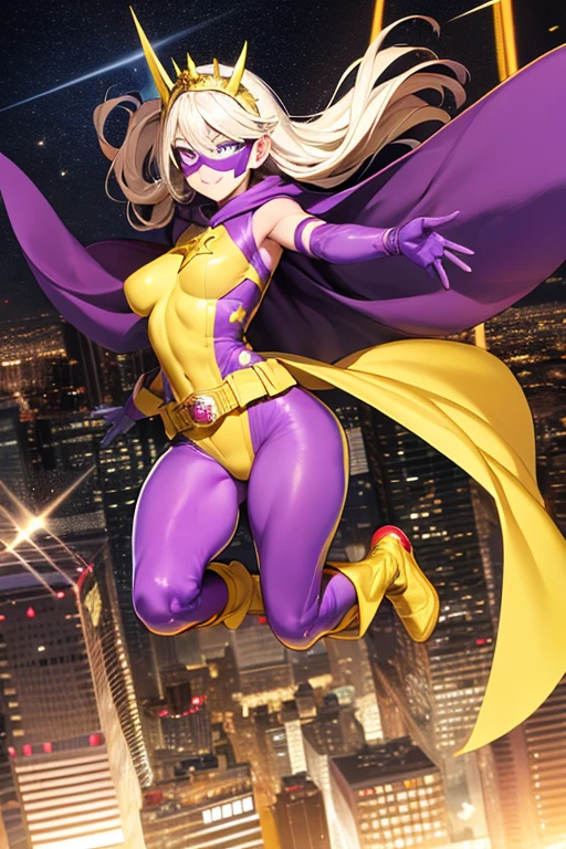 ((best quality)), ((masterpiece)), (detailed), 1 girl, Full body, 19 years old, White skin, Smiling face, Blue eyes, Star shaped tiara, Arms outstretched, Arms behind waist, Masked face, Eye mask, Superhero mask, blue mask, Blushing, Blonde hair, Straight hair, Long hair, Bangs, 2 star clips on the sides of hair, Full body, Medium breasts, Slim body, Hands with yellow stars on them, Wrist bands, Long yellow gloves, Purple gloves, Superhero costume, Superheroes, Full body entirely yellow suit, With a big yellow star in the center, Star emblem, Somewhat tight, Long yellow cape on waist, Red belt, Thighs with tights purple, purple boots, flying, city background, anime