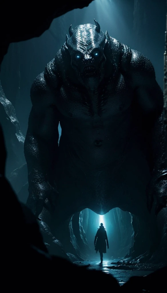 A glowing black abyss monster is walking in the cave，Emitting black mist，Giant monster，It's huge，Lovecraftian gods，Black monster，The terrifying god，The abyss of madness。Lovecraft atmosphere，Lovecraftian inspiration，lovecraftian background，Dark background，Weird atmosphere，Strange sounds，Doomsday atmosphere，Unpredictable atmosphere。