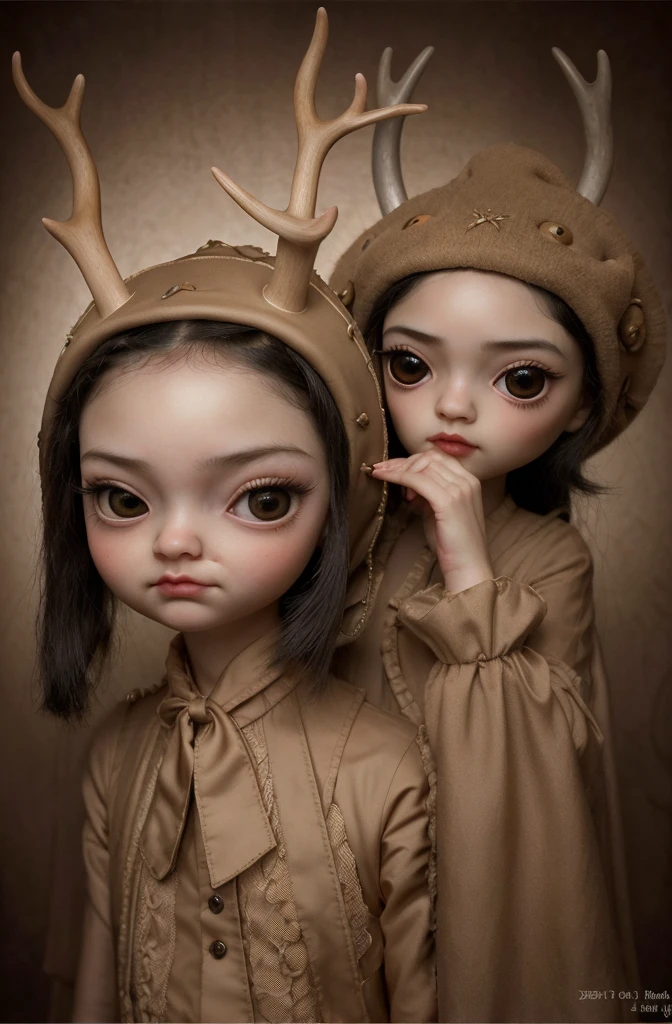 Painting of a girl with deer antlers on her head, Estilo Mark Ryden, Mark Ryden muy detallado, Estilo de Mark Ryden, Naoto Hattori, Surrealismo pop lowbrow, Mark Ryden en el estilo de, benjamin lacombe,  Earley, Surrealismo pop Lowbrow Art Style, Arte lowbrow, por Mark Ryden,  cute and beautiful, with puppet on their hands, cute, playing