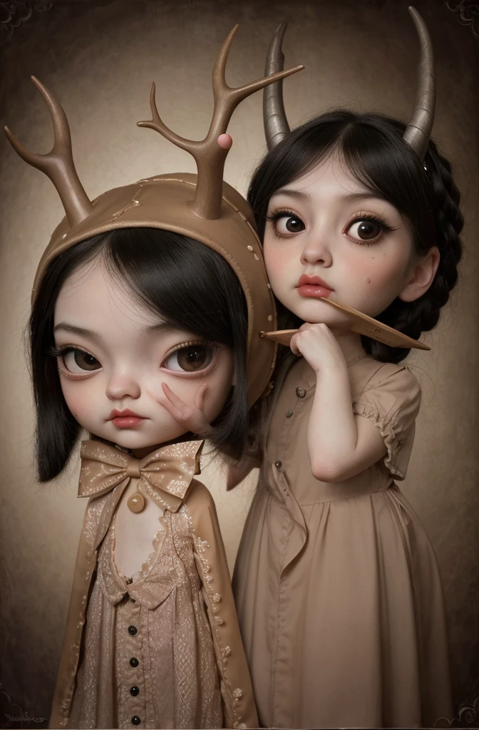 Painting of a girl with deer antlers on her head, Estilo Mark Ryden, Mark Ryden muy detallado, Estilo de Mark Ryden, Naoto Hattori, Surrealismo pop lowbrow, Mark Ryden en el estilo de, benjamin lacombe,  Earley, Surrealismo pop Lowbrow Art Style, Arte lowbrow, por Mark Ryden,  cute and beautiful, with puppet on their hands, cute, playing the puppet on their hands, cute, with eye bags, modern dress, painting, lowbrow chibi, sack puppet dog, 